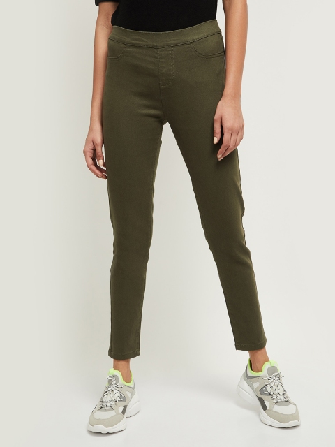 

max Women Olive Green Solid Slim-Fit Treggings