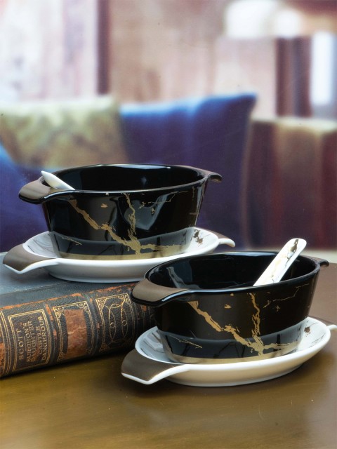 

White Gold Set Of 6 Pcs Black & White Porcelain Glossy Bowls With 6pcs Saucer & 6pcs Spoon