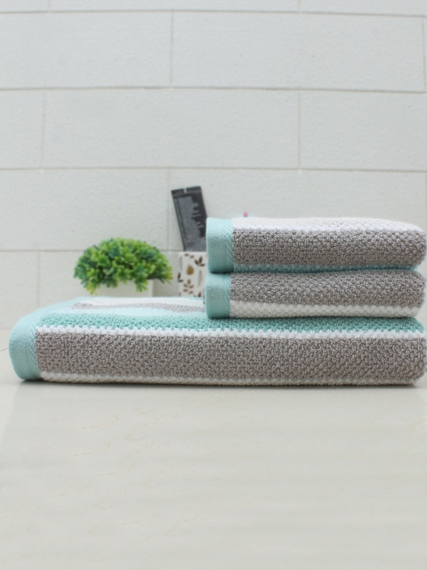 

AVI Living Set Of 3 Sea Green & Grey Striped Pure Cotton 500 GSM Towels