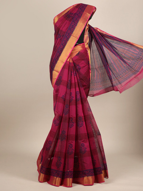 

Pothys Maroon & Violet Ethnic Motifs Zari Cotton Blend Saree