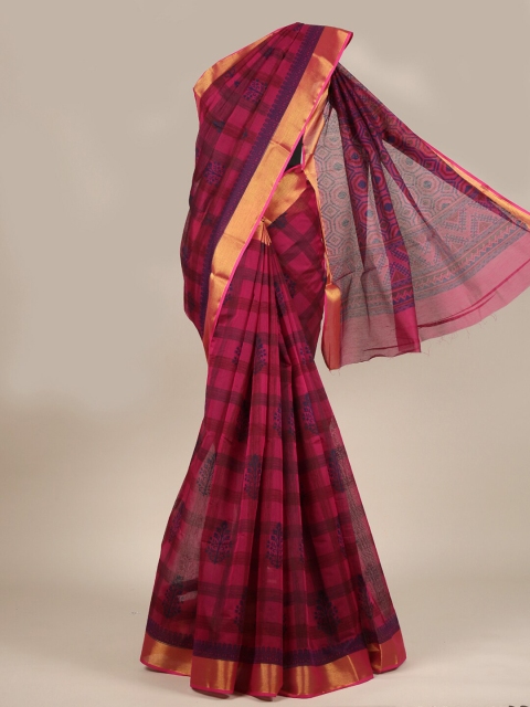 

Pothys Magenta & Gold-Toned Ethnic Motifs Zari Cotton Blend Saree