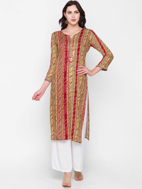 

ZOLA Women Cream-Coloured & Green Geometric Printed Mirror Work Straight Kurta