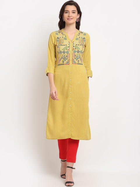 

Lovely Lady Women Mustard Yellow Ethnic Motifs Embroidered Thread Work Kurta