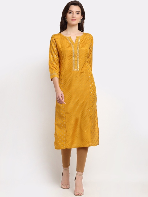 

Lovely Lady Women Mustard Yellow & Gold-Toned Ethnic Motifs Foil Printed Kurta