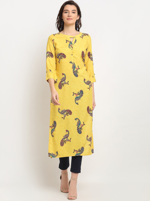 

Lovely Lady Women Yellow & Blue Quirky Printed Keyhole Neck Kurta