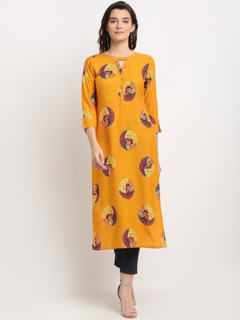 

Lovely Lady Women Mustard Yellow & Maroon Ethnic Motifs Printed Keyhole Neck Kurta