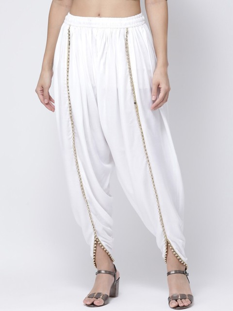 

Charitra Women White & Gold-Coloured Solid Cotton Dhoti Salwar