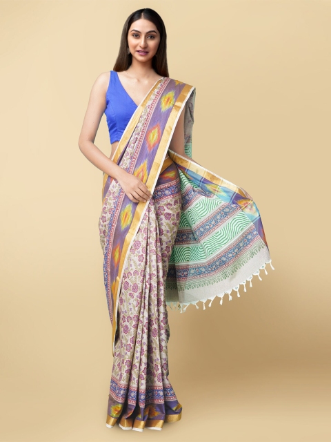

Unnati Silks Women Beige & Pink Pure Block Printed Sambalpuri Cotton Saree