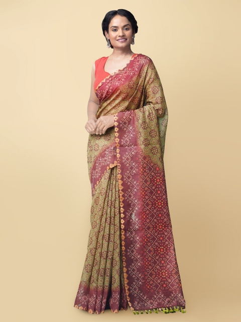 

Unnati Silks Green & Maroon Ajrak Handloom Silk Cotton Chanderi Saree