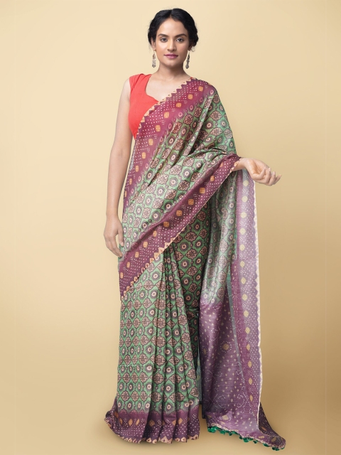 

Unnati Silks Green & Burgundy Ajrak Handloom Silk Cotton Chanderi Saree