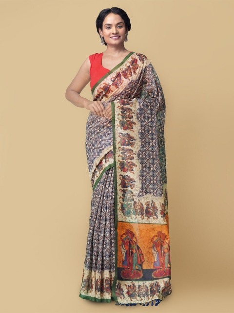 

Unnati Silks Blue & Beige Pichwai Kalamkari Handloom Silk Cotton Chanderi Saree