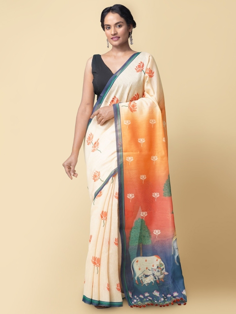 

Unnati Silks Peach-Coloured & Orange Kalamkari Handloom Silk Cotton Chanderi Saree