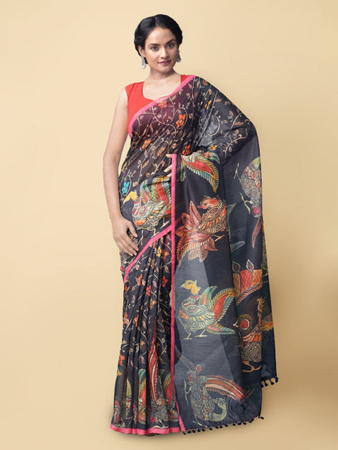 

Unnati Silks Black & Red Kalamkari handloom Silk Cotton Chanderi Saree