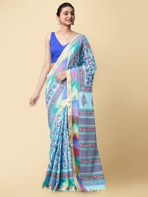 

Unnati Silks Blue & Pink Floral Block Printed Sustainable Pure Cotton Sambalpuri Saree