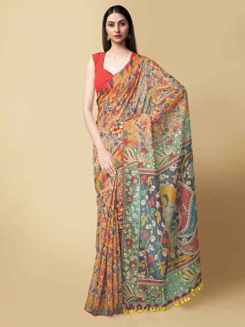 

Unnati Silks Yellow & Green Kalamkari Handloom Silk Cotton Chanderi Saree