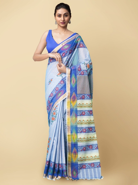 

Unnati Silks Women Blue & Pink Pure Block Printed Sambalpuri Cotton Saree