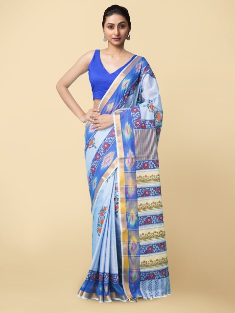 

Unnati Silks Blue & Red Floral Block Printed Sustainable Pure Cotton Sambalpuri Saree