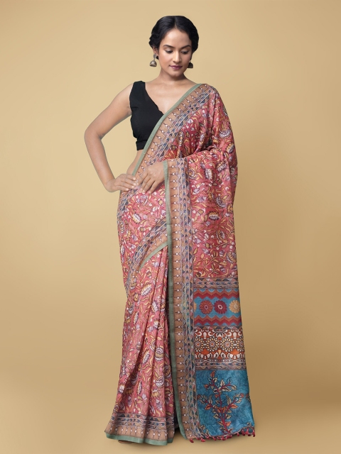 

Unnati Silks Pink & Beige Kalamkari Handloom Silk Cotton Chanderi Saree