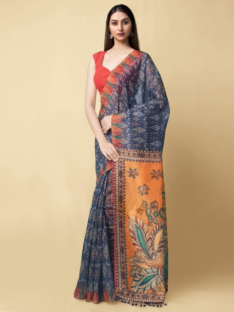 

Unnati Silks Navy Blue & Orange Kalamkari Handloom Silk Cotton Chanderi Saree
