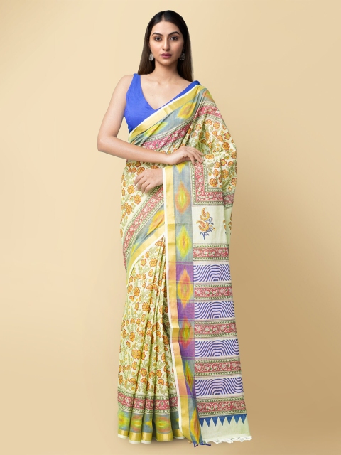 

Unnati Silks Women Off White & Green Pure Block Printed Sambalpuri Cotton Saree