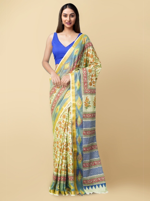 

Unnati Silks Women Green & Yellow Pure Block Printed Sambalpuri Cotton Saree