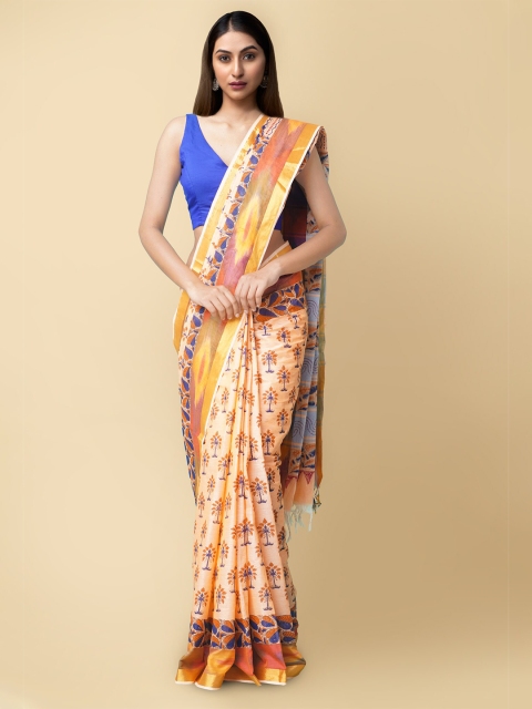 

Unnati Silks Women Orange & Blue Pure Block Printed Sambalpuri Cotton Saree
