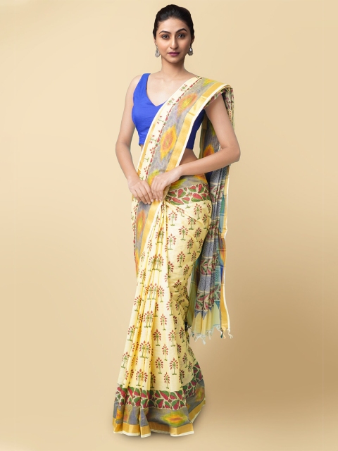 

Unnati Silks Women Yellow & Green Pure Block Printed Sambalpuri Cotton Saree