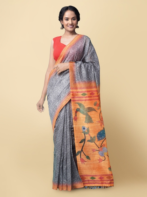 

Unnati Silks Grey & Orange Kalamkari Handloom Silk Cotton Chanderi Saree