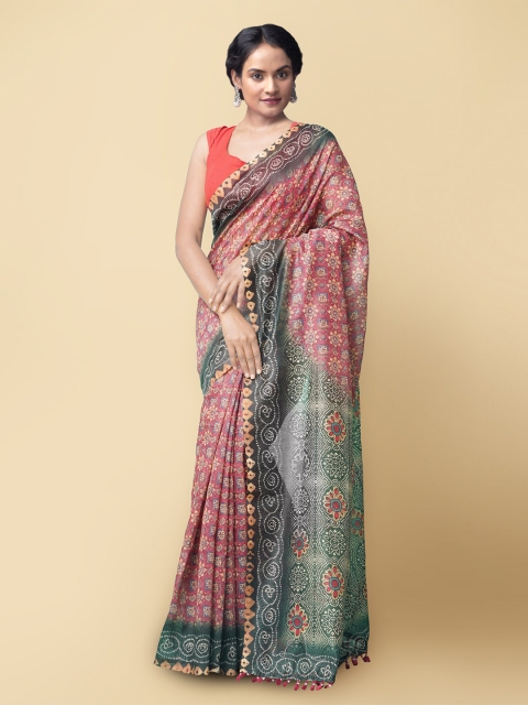 

Unnati Silks Pink & Green Ajrak Handloom Silk Cotton Chanderi Saree