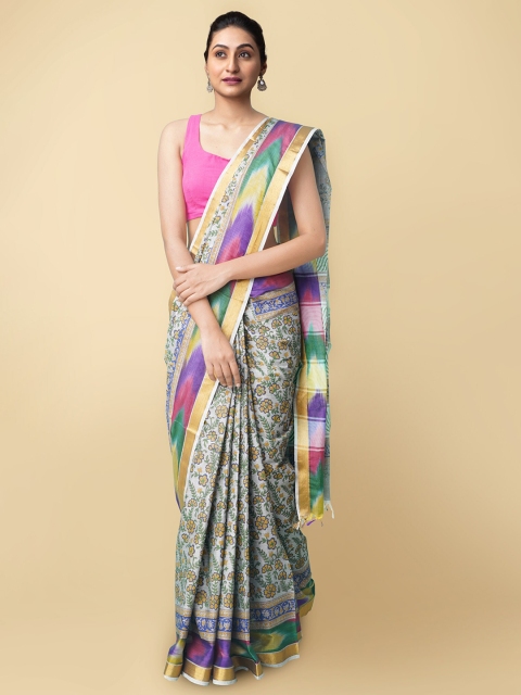 

Unnati Silks Green & Yellow Floral Block Printed Sustainable Pure Cotton Sambalpuri Saree