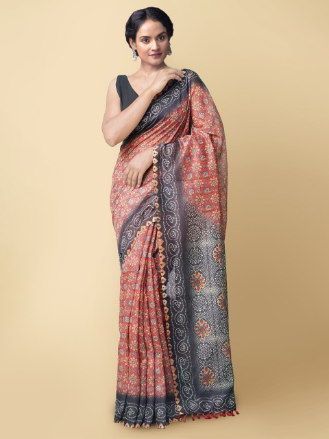 

Unnati Silks Red & Brown Ajrak Handloom Silk Cotton Chanderi Saree
