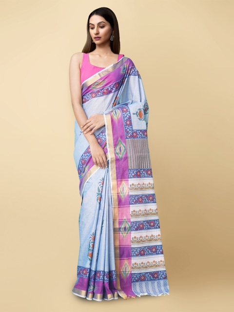 

Unnati Silks Blue & Pink Motifs Block Printed Sustainable Pure Cotton Sambalpuri Saree