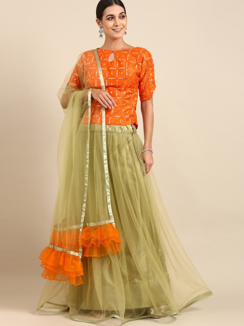 

Tikhi Imli Orange & Green Embellished Mirror Work Ready to Wear Lehenga & Semi-Stitched Blouse With Dupatta