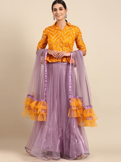 

Tikhi Imli Mustard & Violet Mirror Work Ready to Wear Lehenga & Semi-Stitched Blouse