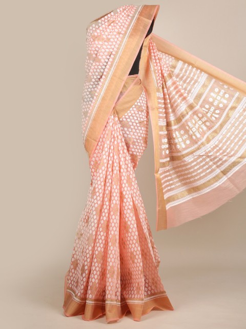 

Pothys Pink & White Ethnic Motifs Chanderi Saree