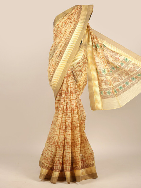 

Pothys Cream-Coloured & Brown Abstract Printed Chanderi Saree