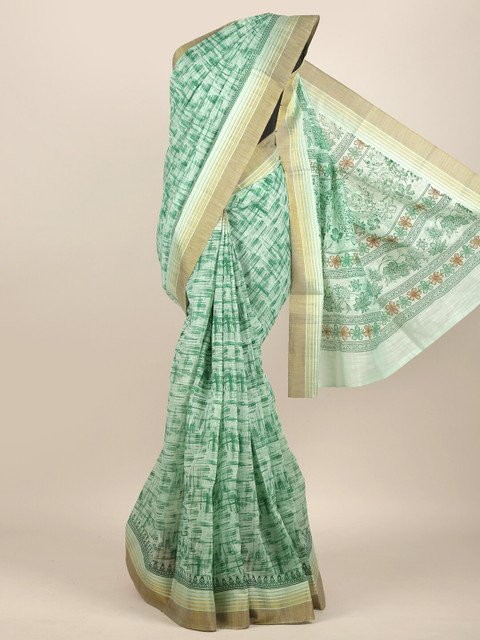 

Pothys Green & Beige Abstract Printed Chanderi Saree