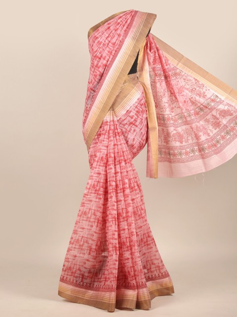 

Pothys Pink & Gold-Coloured Abstract Printed Chanderi Saree