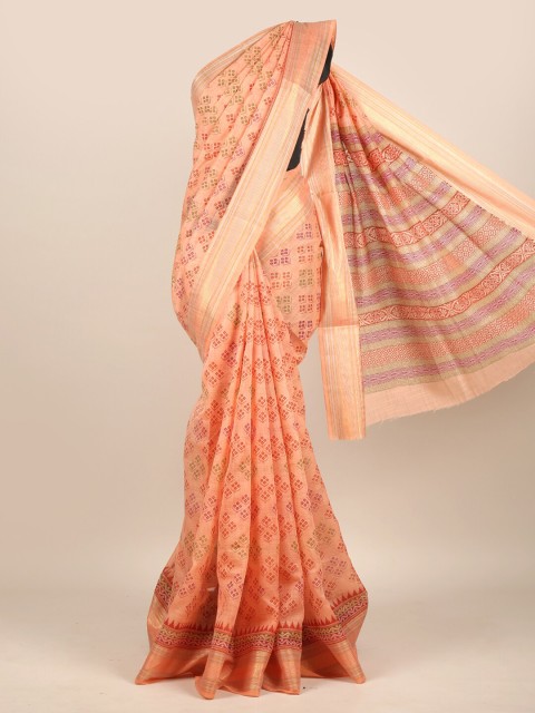 

Pothys Orange & Green Geometric Printed Chanderi Saree