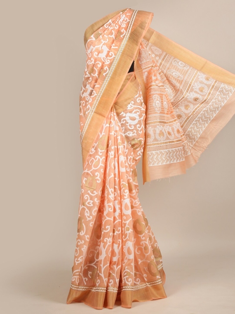 

Pothys Peach-Coloured & White Floral Foil Printed Chanderi Saree