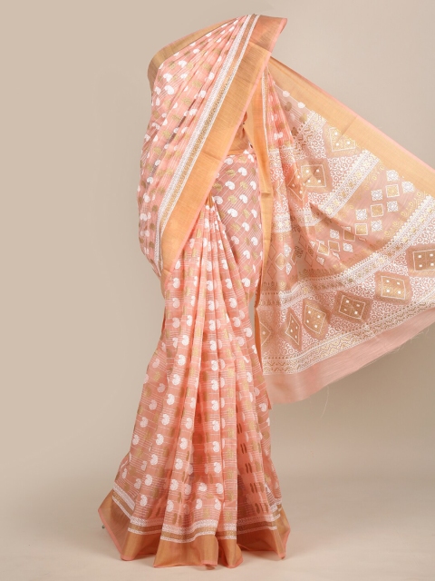 

Pothys Peach-Coloured & White Paisley Foil Printed Chanderi Saree