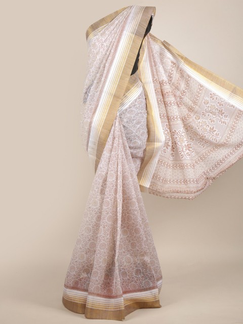 

Pothys White & Brown Floral Chanderi Saree