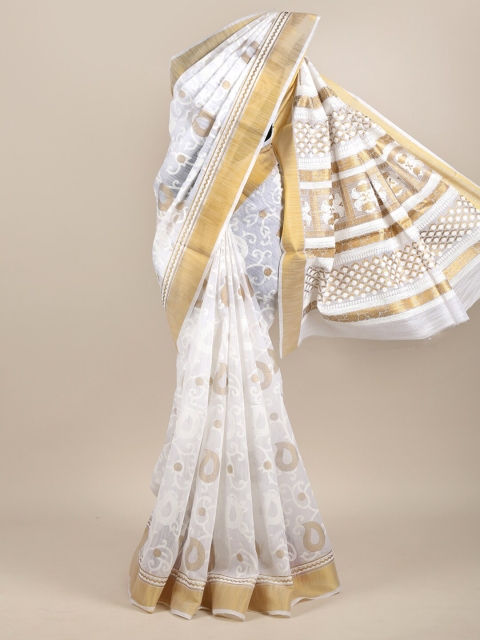 

Pothys White & Gold-Coloured Floral Foil Printed Chanderi Saree