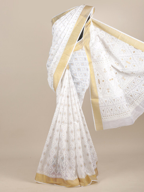 

Pothys White & Gold-Coloured Ethnic Motifs Foil Printed Chanderi Saree