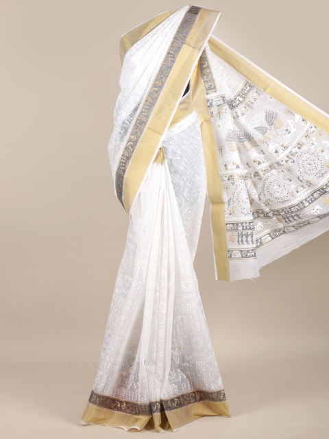 

Pothys White & Gold-Coloured Ethnic Motifs Foil Printed Chanderi Saree