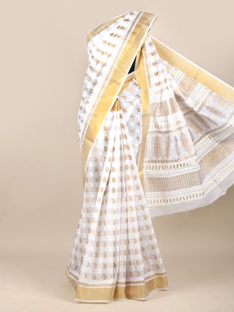 

Pothys White & Gold-Coloured Paisley Foil Printed Chanderi Saree