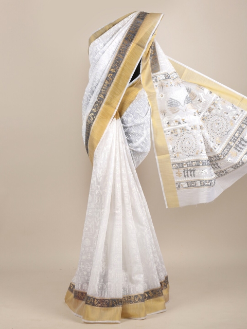 

Pothys White & Grey Ethnic Motifs Foil Printed Chanderi Saree