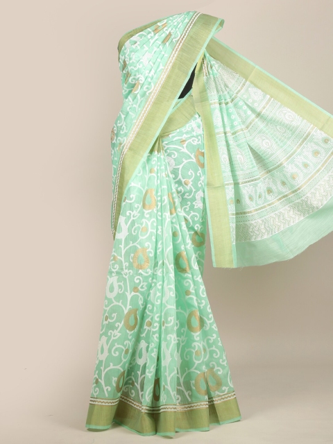 

Pothys Green & White Ethnic Motifs Zari Chanderi Saree
