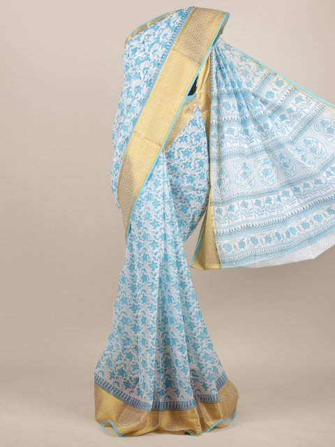 

Pothys White & Blue Floral Zari Chanderi Saree