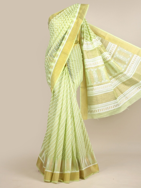 

Pothys Green & White Ethnic Motifs Chanderi Saree